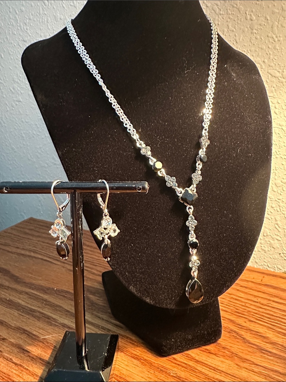 Silver-Tone Black Crystal Drop Necklace & Earring Set